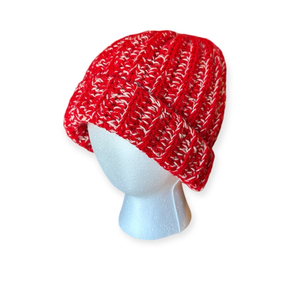 New Handmade Crochet Beanie Fold over Hat Ribbed Winter Red Cream Confetti